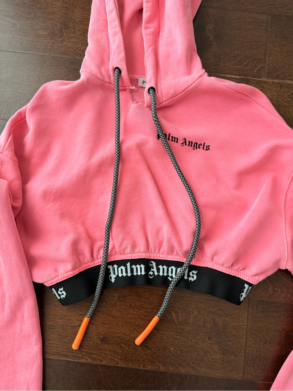 Palm Angels Pink Cropped Hoodie With Black Branded Hem